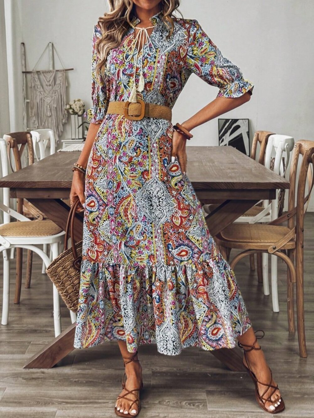 Multicolor Boho Women's Ruffle Hem & Tie Neck dress - Picture 6 of 6